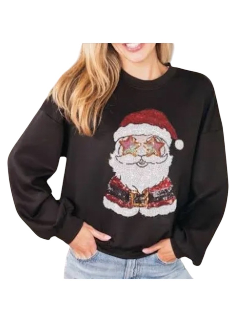 Simply Southern Santa Star Holiday Sequins Long Sleeve Black Crew Sweatshirt
